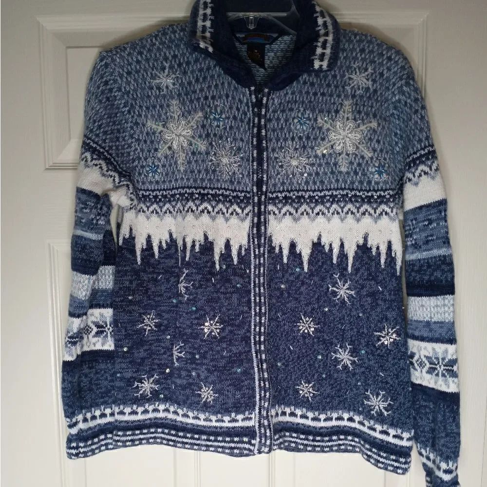 ShaverLake M BlueBeaded SnowflakesRamieCotton FullZipperWomen'sCardiganSweater